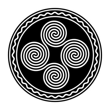 Four connected Celtic double spirals, within a circle frame with a white wavy line. Quadruple spiral, formed by four interlocked Archimedean spirals. Symbol and motif. Illustration over white. Vector.