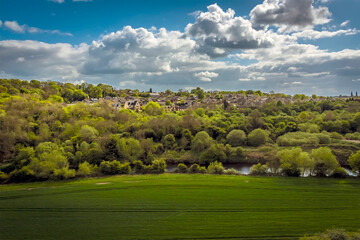 Fototapeta na wymiar A view from the Conisbrough Viaduct over the town of Conisbrough, Yorkshire, UK in springtime