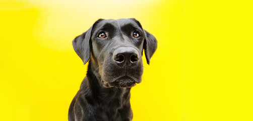 Portrait serious black labrador retriever. Isolated on yellow background.