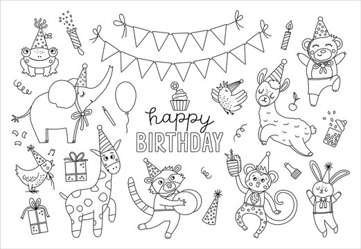 Set of cute black and white animals in party hats. Birthday party celebration clipart collection. Vector outline holiday pack with bright present, cake with candles. Happy anniversary line icons.