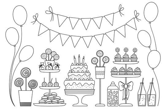 Vector black and white candy bar. Cute outline birthday meal with cake, candles, cupcakes, cake pops, jelly beans, flags. Funny dessert illustration for card, print design. Holiday line icons. .