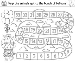 Birthday black and white board game for children with cute animals in hot air balloon. Educational outline holiday boardgame with clouds, rainbows and balloons. Party line activity for kids..