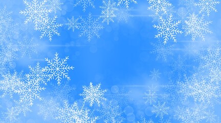Winter abstract digital art background with white snowflakes, bokeh imitation on blue background.