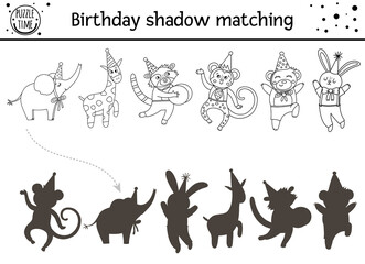 Birthday black and white shadow matching activity for children. Fun outline puzzle with cute animals in party hats. Holiday line educational game for kids. Find the correct silhouette worksheet. .