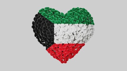Kuwait National Day. February 25. Heart shape made out of flowers on white background. 3D rendering.