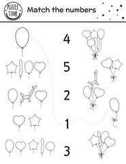 Birthday black and white matching game with colorful balloons. Holiday outline line math activity for preschool children. Educational celebration printable counting worksheet with for kids.