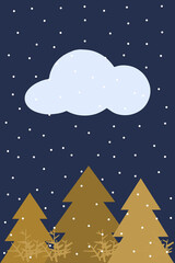 Background with fir trees, snow and twigs on blue and yellow color from the winter set, winter pictures