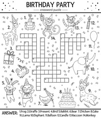 Vector black and white Birthday party crossword puzzle for kids. Simple outline quiz with holiday objects and animals for children. Educational line activity with traditional celebration elements.