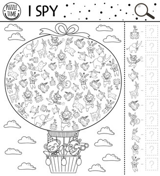 Birthday I spy game for kids. Searching and counting black and white activity for preschool children with cute animals flying in hot air balloon. Funny line party printable worksheet for kids. .