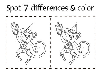 Obraz premium Birthday party find differences and color game for children. Anniversary black and white educational activity with funny monkey and cake with candle. Printable worksheet with smiling character. .