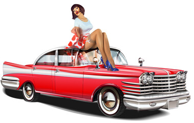 Pin-up girl and retro car isolated on white background
