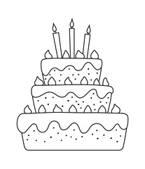 Vector black and white birthday cake with candles. Cute funny b-day dessert illustration for card, print design. Holiday line icon for kids isolated on white background. .