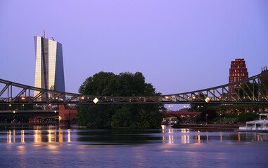 the bridge and the building of ECB in the sun set 