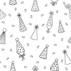 Vector cute black and white seamless pattern with birthday party hats. Funny repeating background with b-day accessory. Line holiday digital paper for kids. .