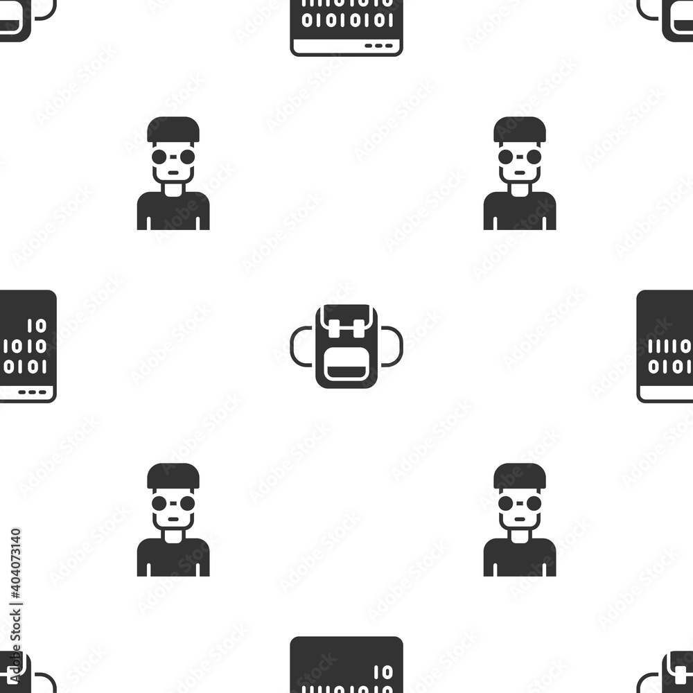 Aufkleber set binary code, school backpack and nerd geek on seamless pattern. vector.