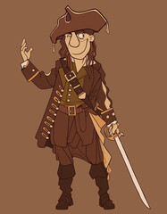 Obraz premium cartoon male pirate winks and smiles slyly with saber in hand