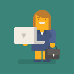 Business woman holding laptop suitcase and smiling. Vector character