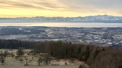 Germany, Baden-Württemberg, Lake Constance region as seen from Gehrenberg. Landscape in the morning light. December 2020