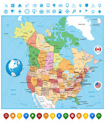 USA and Canada large detailed political map