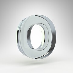 Letter O uppercase on white background. Camera lens transparent glass 3D rendered font with dispersion.