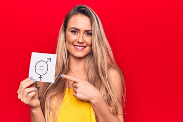 Young blonde woman asking for sex discrimination holding paper with gender equality message smiling...