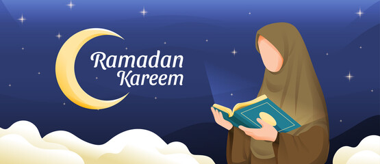 Muslim Woman Reading Koran or Qur'an in Ramadan Kareem Holy Month with Crescent Moon and Stars Illustration