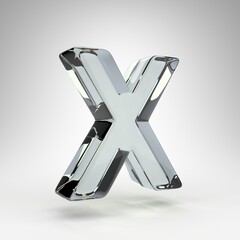 Letter X uppercase on white background. Camera lens transparent glass 3D rendered font with dispersion.