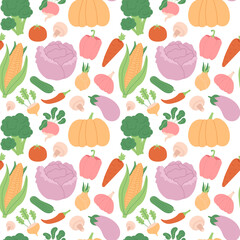 Vector Seamless Vegetable Pattern in Flat Hand Drawn style.Ornament with Vegetarian Healthy Food. Illustration for Design, Wallpaper, wrapping Paper, Textile, Fabric.