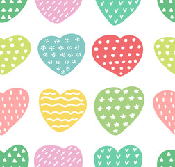 Vector seamless delicate color print of hearts of different colors hand-drawn with different prints