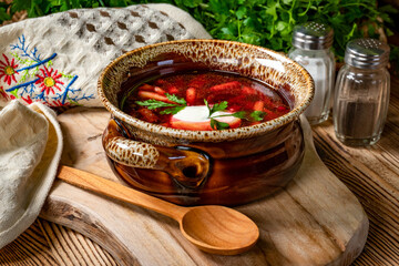 Traditional Ukrainian borscht with cream.