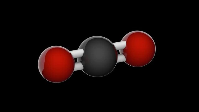 Carbon dioxide (formula CO2) is a colorless, odorless gas. 3D render. Seamless loop. Isolated and rotating on black background.Ball and Stick chemical structure model.