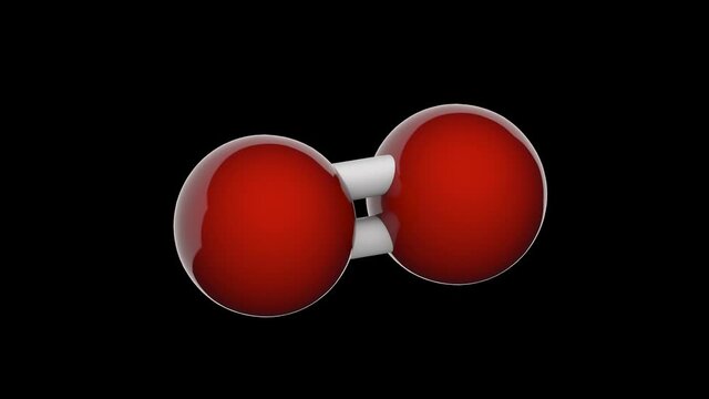 Oxygen is a chemical element with symbol O and atomic number 8. 3D render. Seamless loop. Isolated and rotating on black background. Ball and Stick chemical structure model.