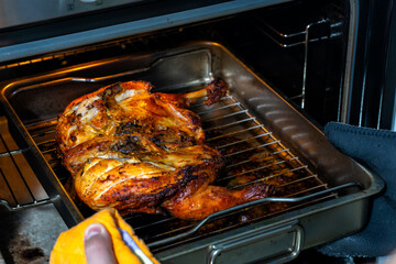 the cooked chicken is taken out of the oven close-up