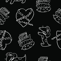 Pattern hand drawn hearts and dogs on black blackboard. Vector illustration