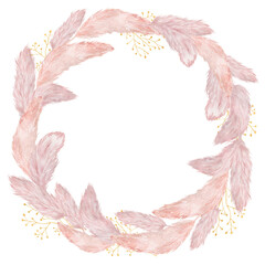 Boho chaplet with pampas grass watercolor illustration. Hand painted holiday pink wreath with lagurus isolated on white background.