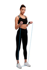 Smiling fitness female with jumping rope on white isolated background. Woman spots instructor. Healthcare and weight loss concept