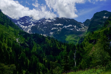Fototapeta na wymiar beautiful mountains with snow in a green landscape