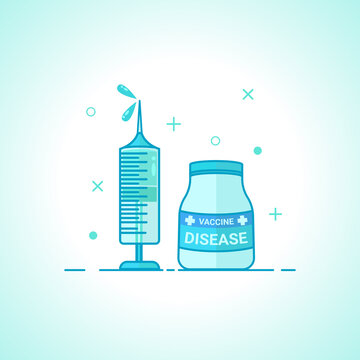 illustration of vaccine and syringe icon, covid-19, drugs, fighting viruses, bacterial resistance, free radicals, the concept of fighting disease