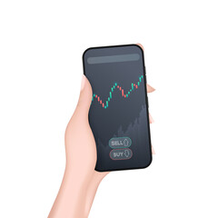 A hand holds a phone with a growth graph. Trading concept. Volumetric realistic style. Isolated. Vector.