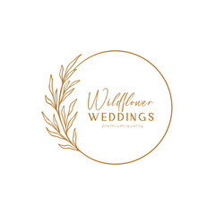 Floral eucalyptus label for package. Wildflower linear logo sketch. Floral wreath emblem wedding design.