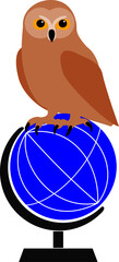 Owl on the globe. Vector logo for the World Day of Migratory Birds. A brown owl sits on a blue globe.