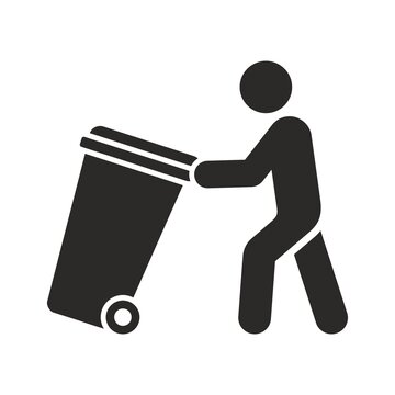 Wheelie Bin Icon. Waste Collection Day. Man Putting His Bin Out For Collection. Vector Icon Isolated On White Background.