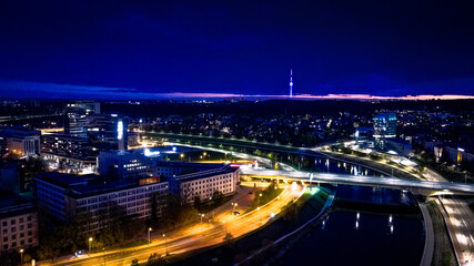 Fototapeta na wymiar Aerial view of night panorama in Vilnius by drone