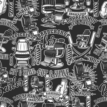 Seamless pattern with barbershop design elements in monochrome style. Design element for poster, card, banner.