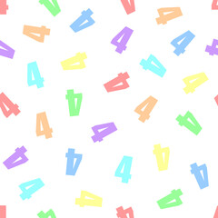 Endless seamless pattern from numbers 4 (four) on a white background. Painted in rainbow colors in pastel colors. Red, orange, yellow, green, cyan, blue, violet.