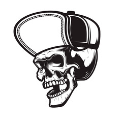 Illustration of skull in baseball cap in monochrome style. Design element for logo, emblem, sign, poster, card, banner.