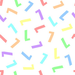 Endless seamless pattern from numbers 7 (seven) on a white background. Painted in rainbow colors in pastel colors. Red, orange, yellow, green, cyan, blue, violet.