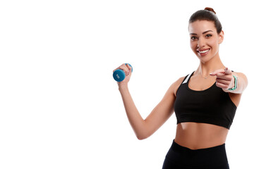Fototapeta premium Attractive caucasian slim woman doing physical exercise using dumbbell and showing finger gesture isolated on white background