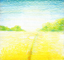 Hand drawn nature background. Meadow in the bright day light.