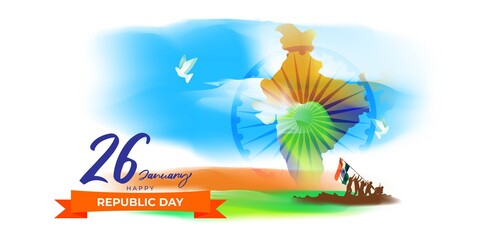 Fototapeta na wymiar Vector illustration of Happy Republic day concept banner, 26 January, national holiday of India, Indian flag, pigeon, illustration poster.